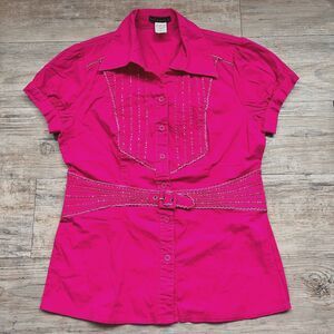 Y2K Pink Western Top Solaris USA Large Glam Embellished Button Up Cowgirl
